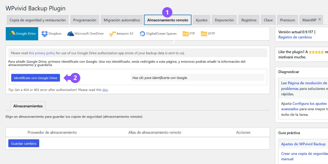 Cómo configurar el almacenamiento en la nube en Google Drive con WPvivid